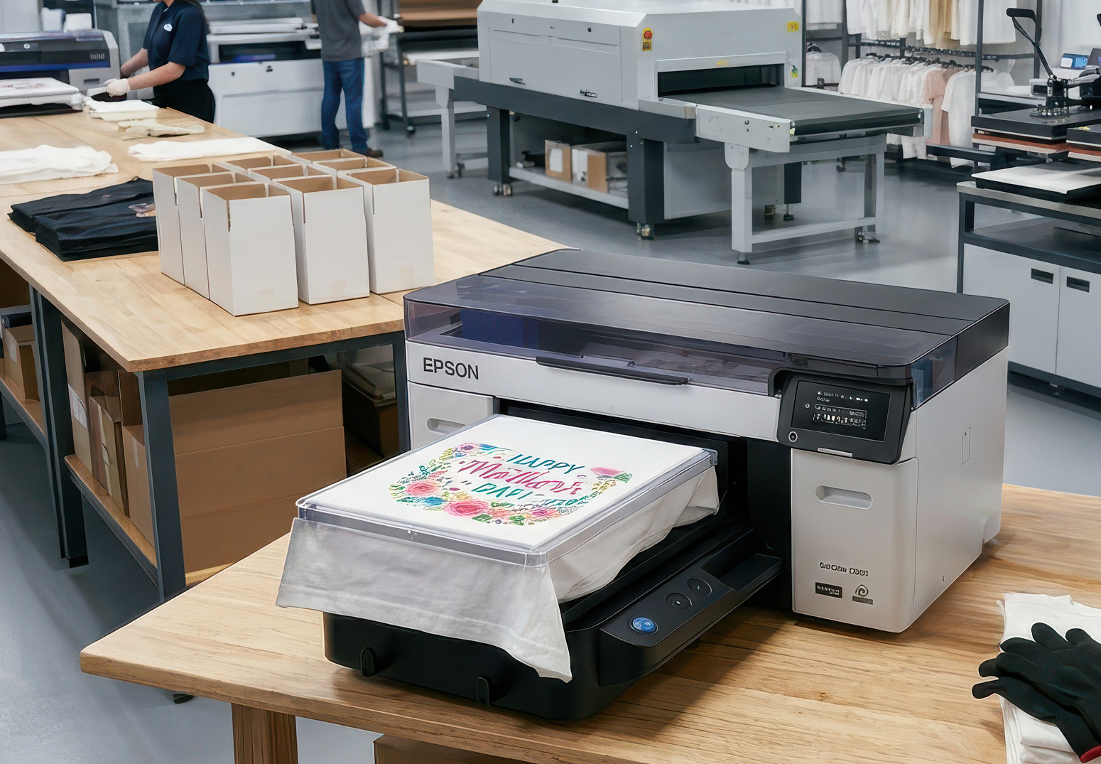 Epson DTG printer printing a custom design on a t-shirt