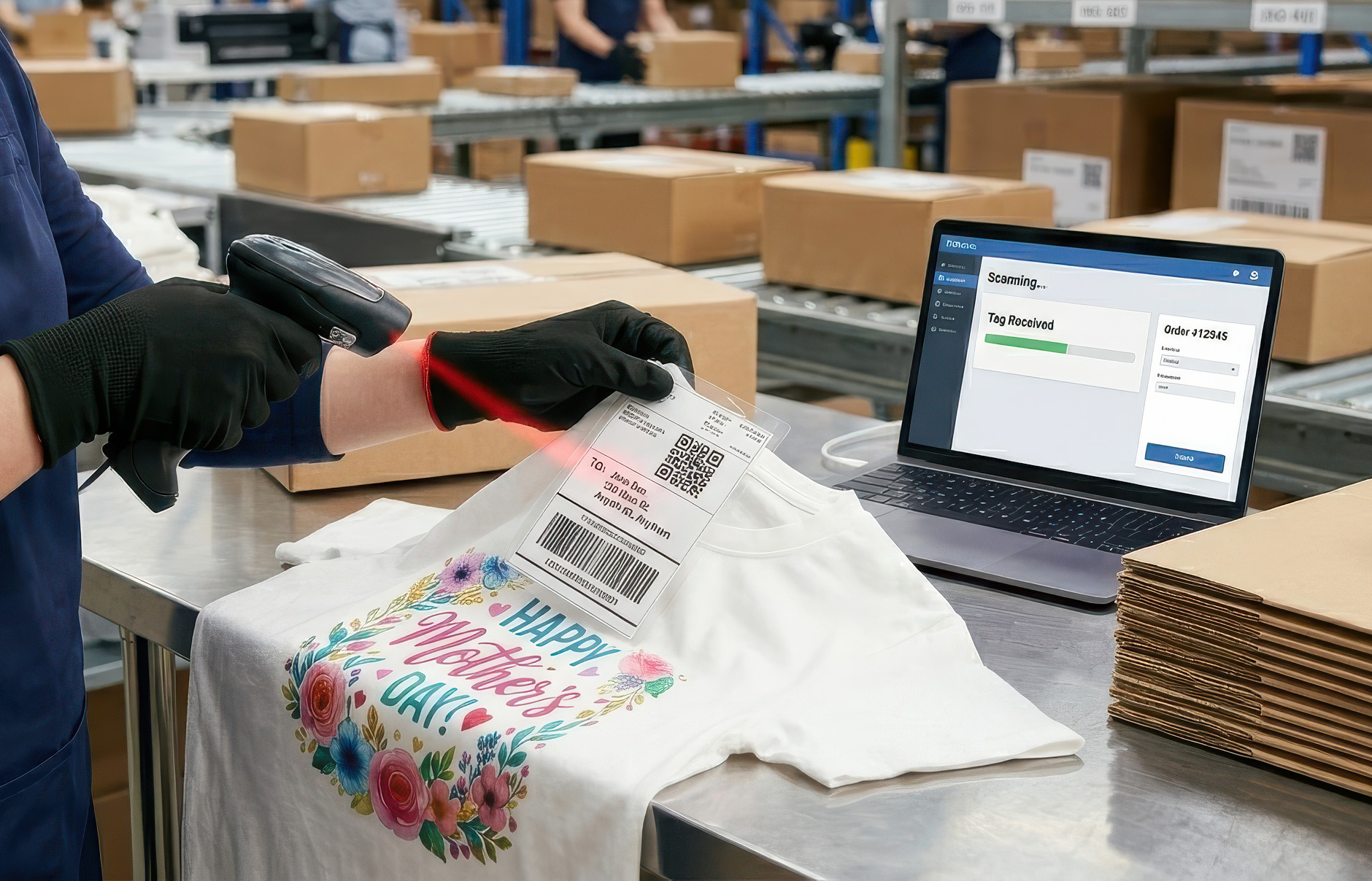 Worker scanning a printed t-shirt with barcode scanner for quality control verification